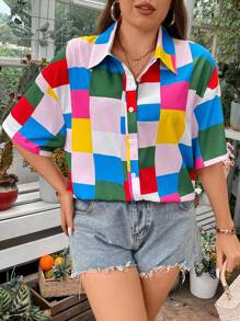 SHEIN LUNE Plus Geo Print Drop Shoulder Shirt - Multicolor - View 8