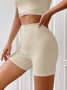 SHEIN EZwear Solid Ribbed Knit Cycling Shorts - Apricot - View 5