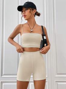 SHEIN EZwear Solid Ribbed Knit Cycling Shorts - Apricot - View 6