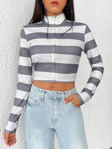 SHEIN EZwear 條紋印花拉鏈開襟短夾克 - 灰色 - 查看 1