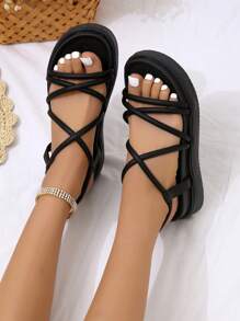 Dames Kriskras Slingback Platte sandalen , Elegant Zwart Sandalen Voor Zomer