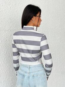 SHEIN EZwear 條紋印花拉鏈開襟短夾克 - 灰色 - 查看 2