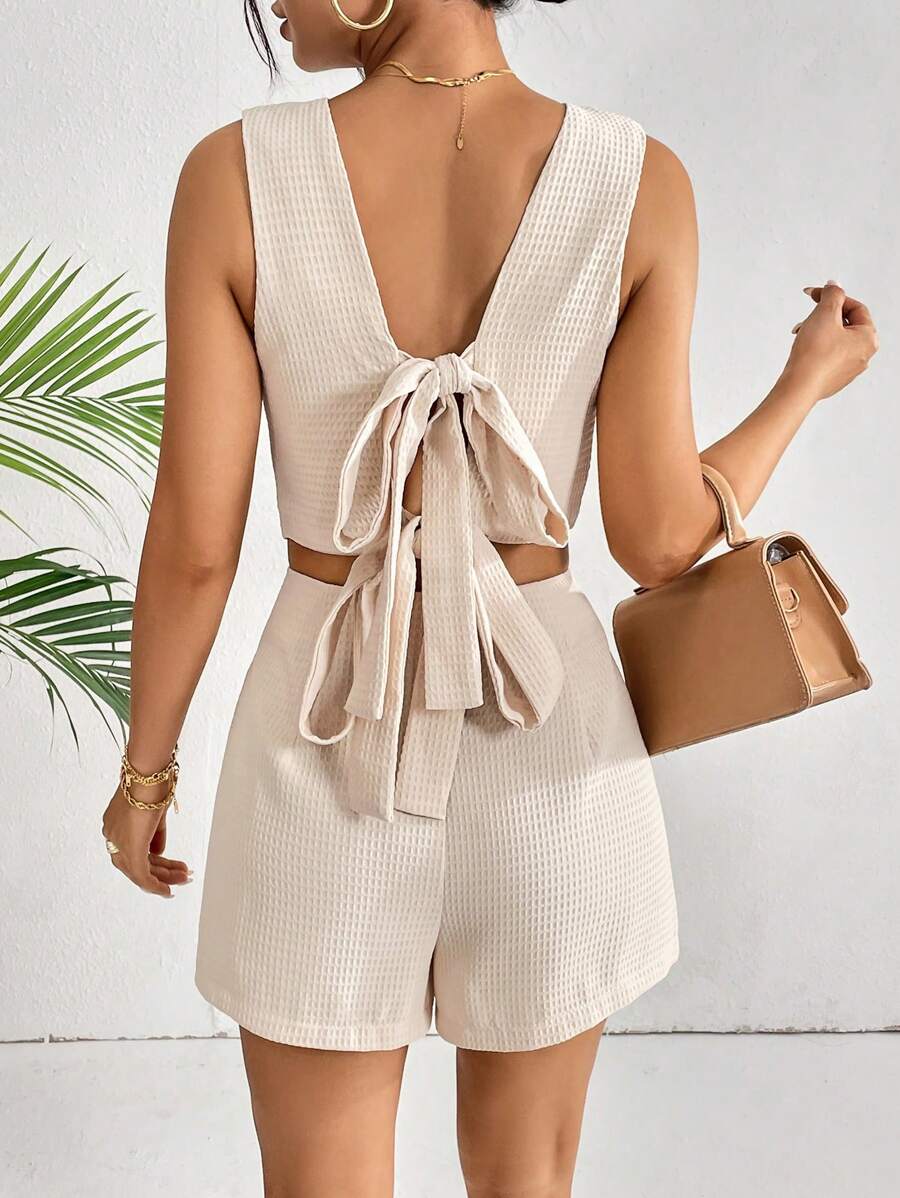 SHEIN Essnce Ca-vát Backless Áo ba lỗ & Quần short - Màu be - Xem 1