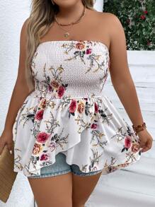 SHEIN Holidaya Plus Floral Print Asymmetrical Hem Tube Top - White - View 1