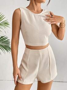 SHEIN Essnce Ca-vát Backless Áo ba lỗ & Quần short - Màu be - Xem 3