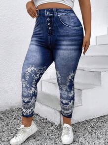 Calvaya 大碼印花紐扣門襟緊身打底褲 - 彩色 - 查看 4