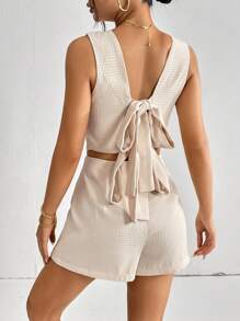 SHEIN Essnce Ca-vát Backless Áo ba lỗ & Quần short - Màu be - Xem 4