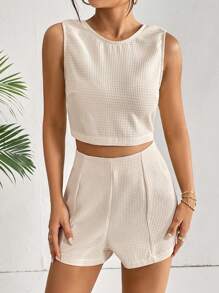 SHEIN Essnce Ca-vát Backless Áo ba lỗ & Quần short - Màu be - Xem 5