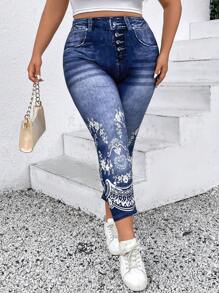 Calvaya 大碼印花紐扣門襟緊身打底褲 - 彩色 - 查看 1