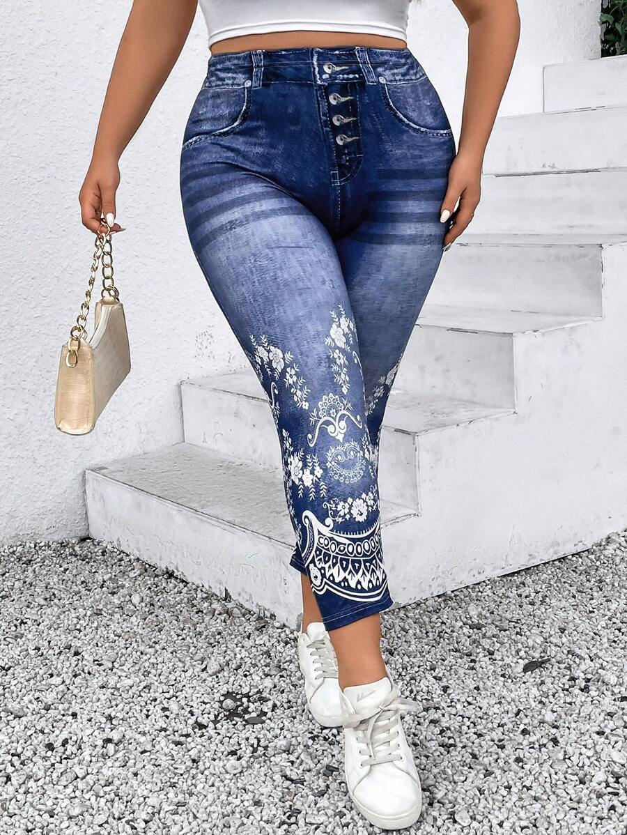 Calvaya 大碼印花紐扣門襟緊身打底褲 - 彩色 - 查看 1