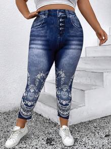 Calvaya 大碼印花紐扣門襟緊身打底褲 - 彩色 - 查看 5