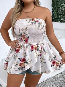 SHEIN Holidaya Plus Floral Print Asymmetrical Hem Tube Top - White - View 3