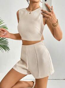 SHEIN Essnce Ca-vát Backless Áo ba lỗ & Quần short - Màu be - Xem 6