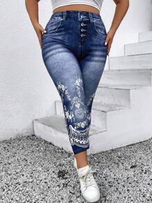 Calvaya 大碼印花紐扣門襟緊身打底褲 - 彩色 - 查看 6