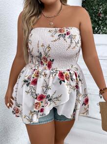 SHEIN Holidaya Plus Floral Print Asymmetrical Hem Tube Top - White - View 5