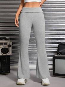 SHEIN PETITE Solid Flare Leg Trousers - Grey - View 1