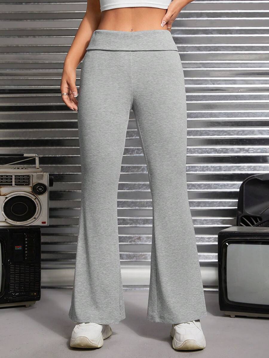 SHEIN PETITE Solid Flare Leg Trousers - Grey - View 1