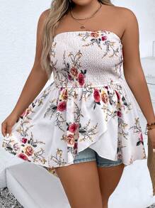 SHEIN Holidaya Plus Floral Print Asymmetrical Hem Tube Top - White - View 6