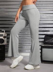 SHEIN PETITE Solid Flare Leg Trousers - Grey - View 3