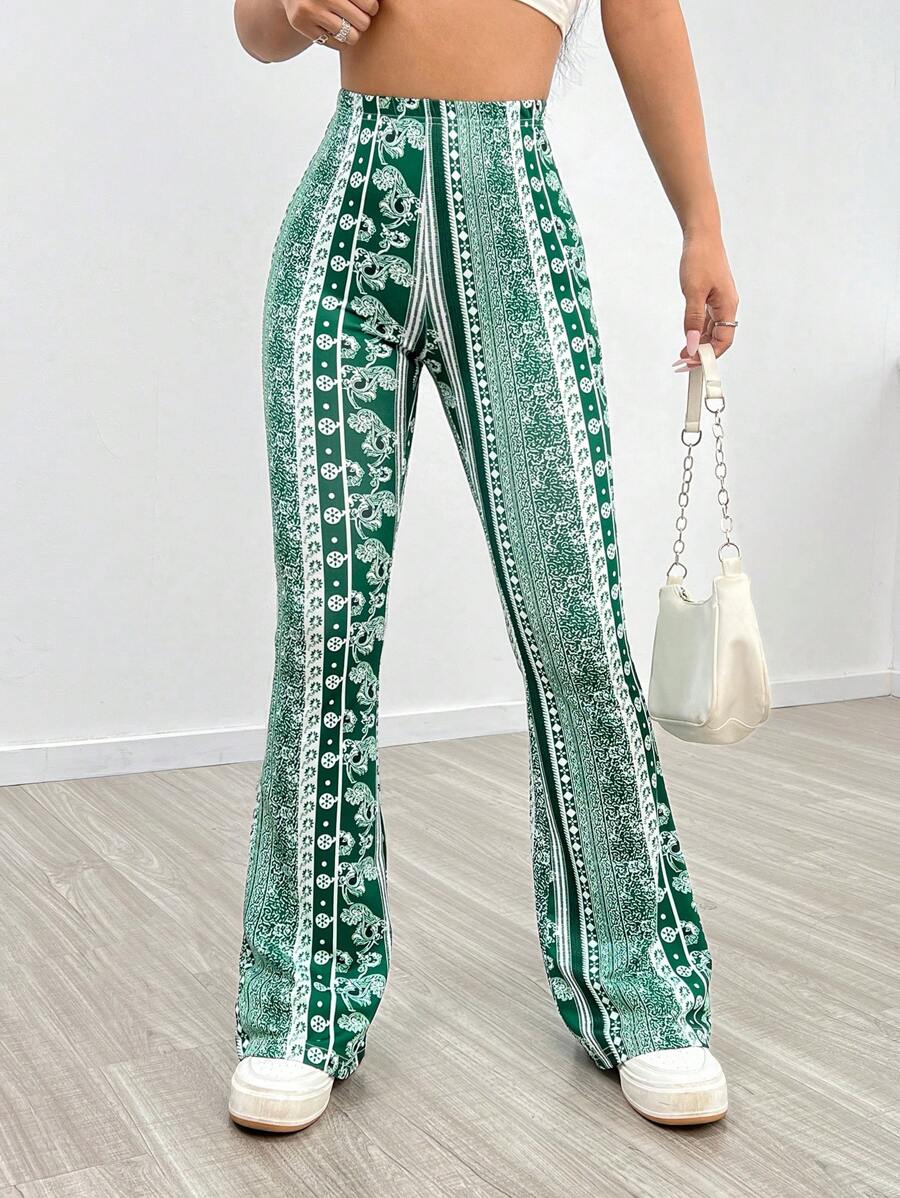 SHEIN PETITE Tribal Print Flare Leg Trousers - Green - View 1