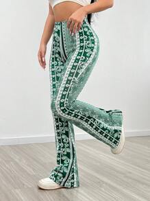 SHEIN PETITE Tribal Print Flare Leg Trousers - Green - View 5
