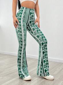SHEIN PETITE Tribal Print Flare Leg Trousers - Green - View 3