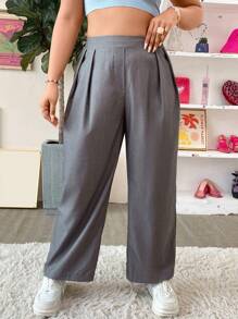 Flirla Plus High Waist Plicated Detail Trousers - Grey - View 1