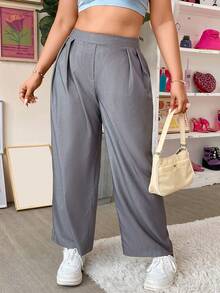 Flirla Plus High Waist Plicated Detail Trousers - Grey - View 4