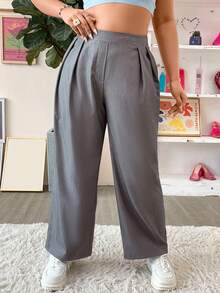 Flirla Plus High Waist Plicated Detail Trousers - Grey - View 6