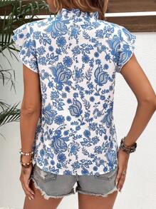 SHEIN VCAY 佩斯利印花缺口領蝴蝶袖襯衫 - 白色 - 查看 2