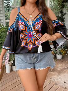 SHEIN Clasi 大碼印花挖肩流蘇前繫帶襯衫 - 彩色 - 查看 5