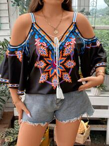 SHEIN Clasi 大碼印花挖肩流蘇前繫帶襯衫 - 彩色 - 查看 6