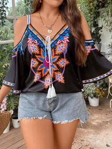 SHEIN Clasi 大碼印花挖肩流蘇前繫帶襯衫 - 彩色 - 查看 8