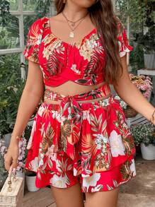 Sunnyshic Hơn Bản in nhiệt đới Top Cây trồng & Tie Trước Quần short - Đỏ - Xem 1