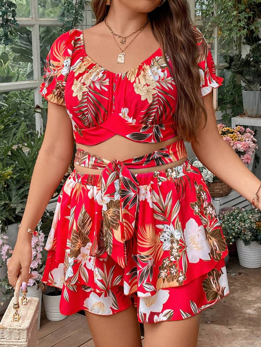 Sunnyshic Hơn Bản in nhiệt đới Top Cây trồng & Tie Trước Quần short - Đỏ - Xem 1