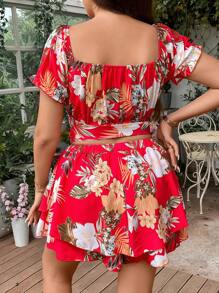 Sunnyshic Hơn Bản in nhiệt đới Top Cây trồng & Tie Trước Quần short - Đỏ - Xem 2