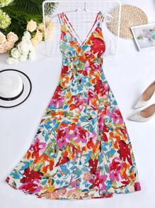 Celure 大碼印花露背交叉洋裝 - 彩色 - 查看 1