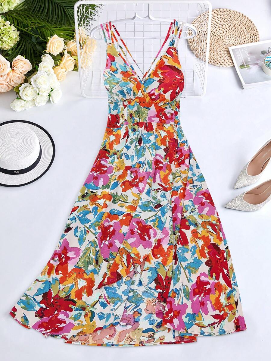 Celure 大碼印花露背交叉洋裝 - 彩色 - 查看 1