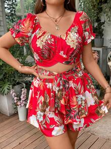 Sunnyshic Hơn Bản in nhiệt đới Top Cây trồng & Tie Trước Quần short - Đỏ - Xem 3