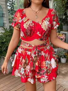 Sunnyshic Hơn Bản in nhiệt đới Top Cây trồng & Tie Trước Quần short - Đỏ - Xem 4