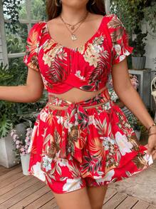 Sunnyshic Hơn Bản in nhiệt đới Top Cây trồng & Tie Trước Quần short - Đỏ - Xem 6