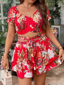 Sunnyshic Hơn Bản in nhiệt đới Top Cây trồng & Tie Trước Quần short - Đỏ - Xem 7