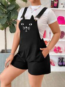 Flirla 大碼卡通圖案背帶連體短褲不帶T恤 - 黑色 - 查看 3