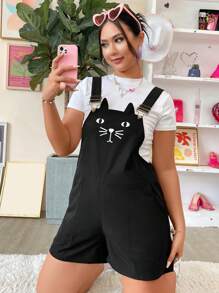 Flirla 大碼卡通圖案背帶連體短褲不帶T恤 - 黑色 - 查看 6