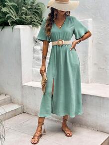 SHEIN Frenchy 素色高衩連衣裙不附腰帶 - 薄荷藍 - 查看 1