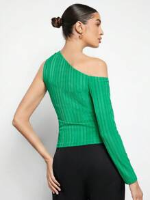 BizChic 不對稱領條紋針織打結細節T恤 - 綠色 - 查看 2