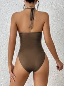 SHEIN EZwear 素色露背繞頸緊身連體衣 - 棕色 - 查看 2