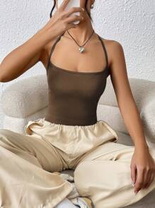 SHEIN EZwear 素色露背繞頸緊身連體衣 - 棕色 - 查看 6