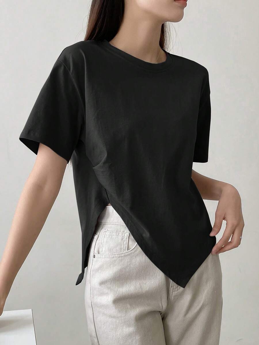 Dazy-Less 纯色开叉下摆T恤，复古风商务休闲女士工作服 - 黑色 - 查看 1