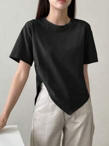 Dazy-Less 纯色开叉下摆T恤，复古风商务休闲女士工作服 - 黑色 - 查看 2